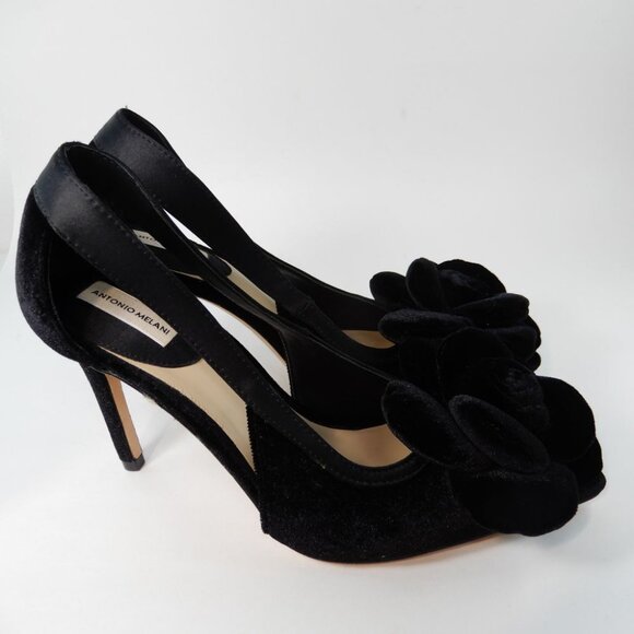 ANTONIO MELANI Ester Velvet Black Rose Flower Heels Pumps Size 6 Pointed Toe NEW - Picture 4 of 13